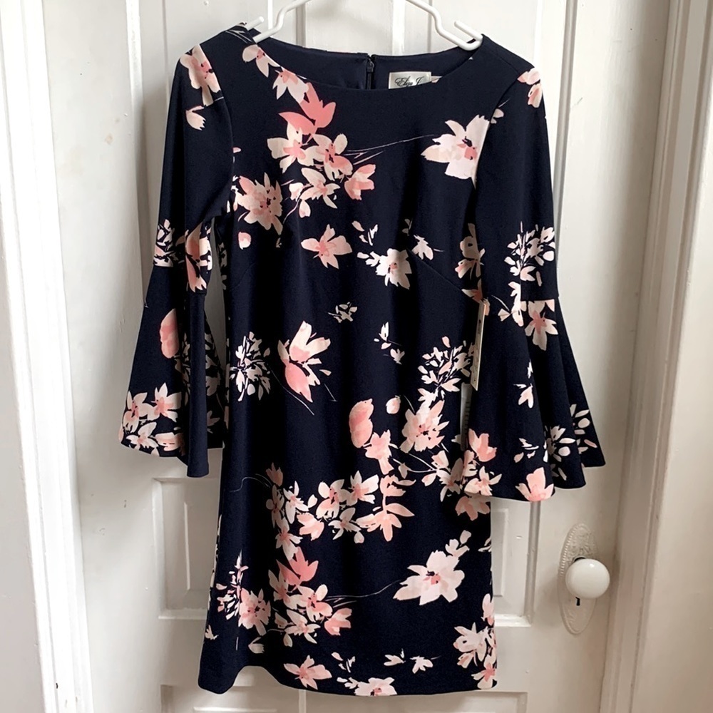NWT Eliza J Floral Dress Navy & Pink Size 2 Office Business Casual Colorful - Picture 2 of 7